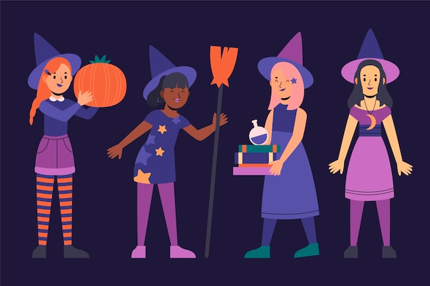 Free Vector hand drawn flat halloween witches collection