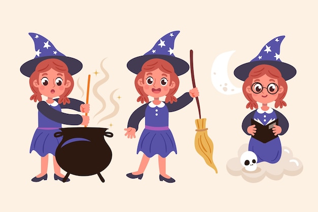 Free Vector hand drawn flat halloween witches collection