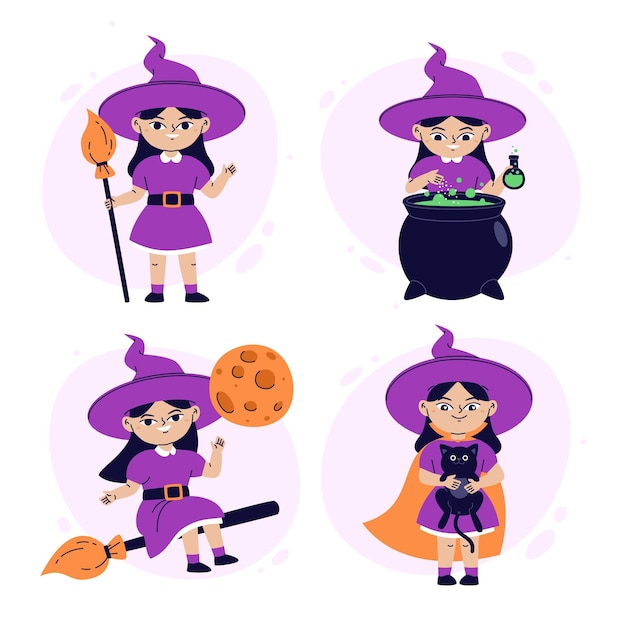 Free Vector hand drawn flat halloween witches collection