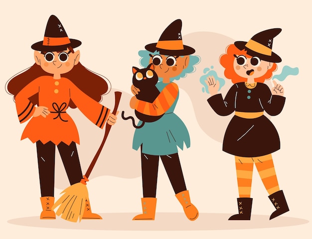 Hand drawn flat halloween witches collection