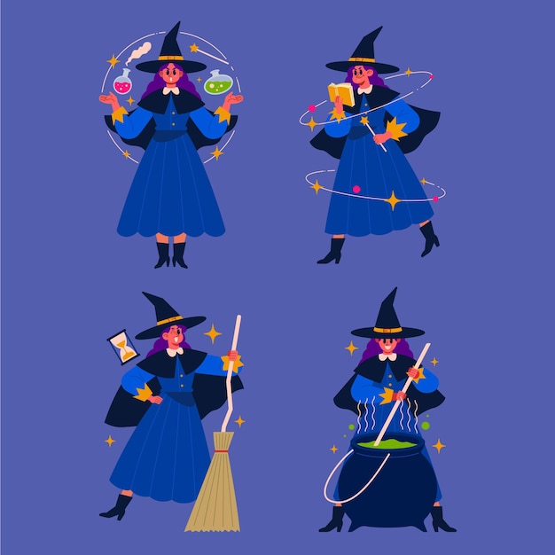 Free Vector hand drawn flat halloween witches collection