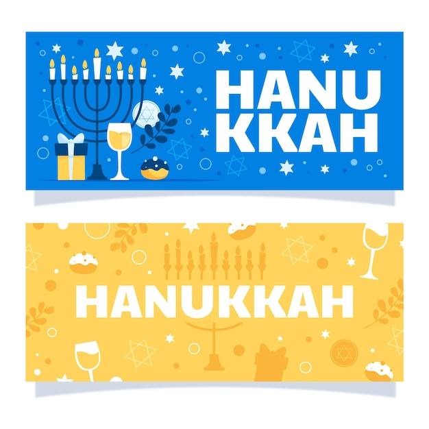 Hand drawn flat hanukkah horizontal banners set