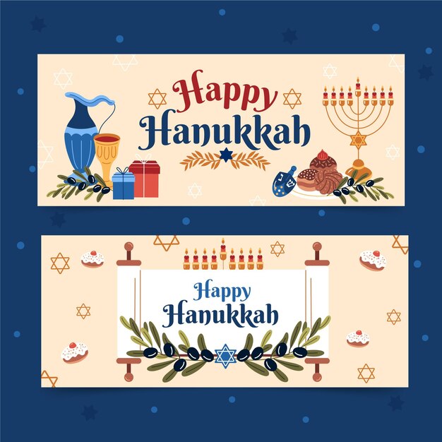 Hand drawn flat hanukkah horizontal banners set