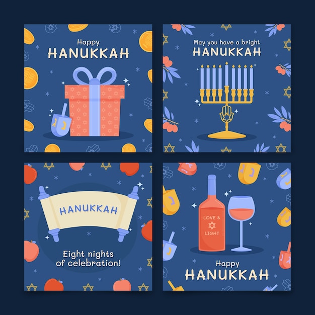 Free Vector hand drawn flat hanukkah instagram posts collection