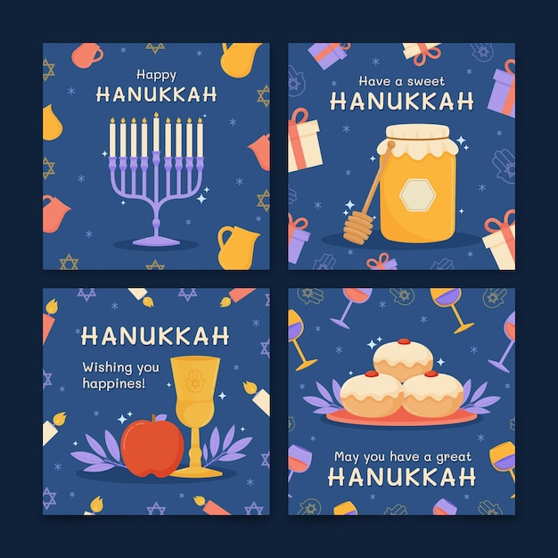 Free Vector hand drawn flat hanukkah instagram posts collection