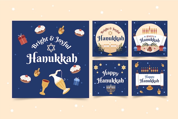 Free Vector hand drawn flat hanukkah instagram posts collection