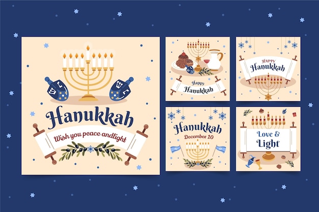 Free Vector hand drawn flat hanukkah instagram posts collection