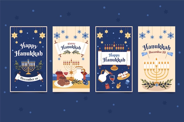 Free Vector hand drawn flat hanukkah instagram stories collection