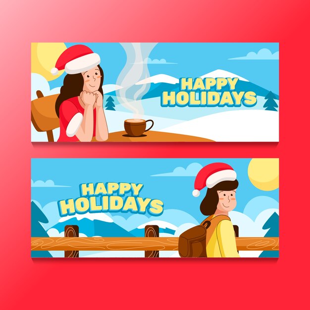 Hand drawn flat happy holidays christmas banners set