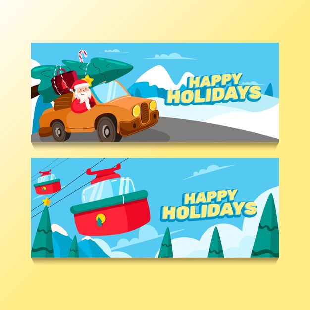 Hand drawn flat happy holidays christmas banners set