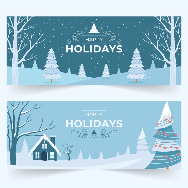 Hand drawn flat happy holidays horizontal banners set