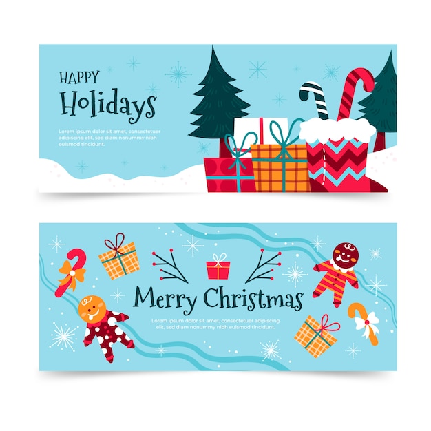 Hand drawn flat happy holidays horizontal banners set