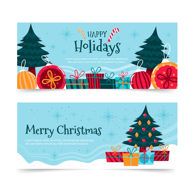 Hand drawn flat happy holidays horizontal banners set