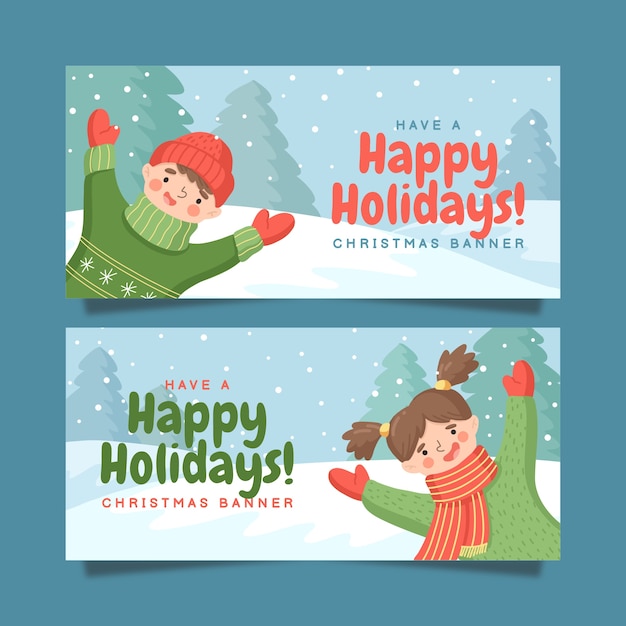 Hand drawn flat happy holidays horizontal banners set