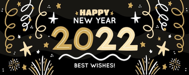 Hand drawn flat happy new year 2022 horizontal banner