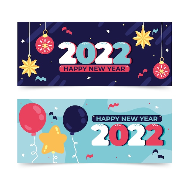 Hand drawn flat happy new year 2022 horizontal banners set