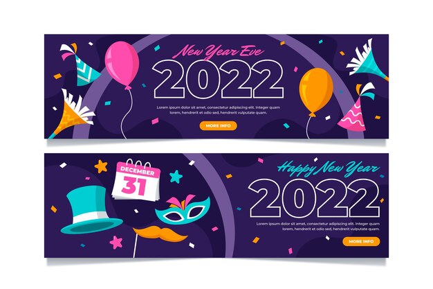 Hand drawn flat happy new year 2022 horizontal banners set