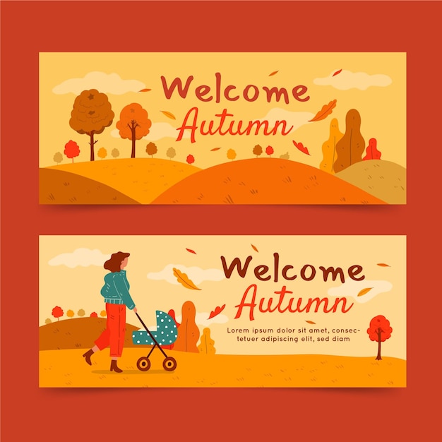 Hand drawn flat horizontal autumn banners set