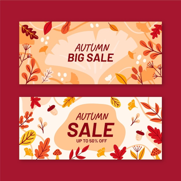 Hand drawn flat horizontal autumn sale banners set