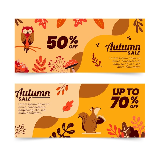 Hand drawn flat horizontal autumn sale banners set