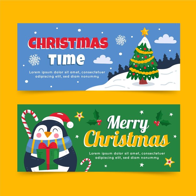 Hand drawn flat horizontal christmas banners set