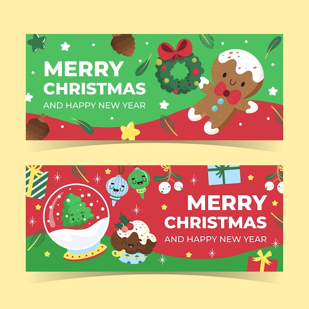 Hand drawn flat horizontal christmas banners set