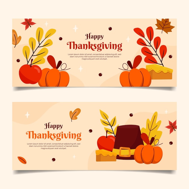 Hand drawn flat horizontal thanksgiving banners set