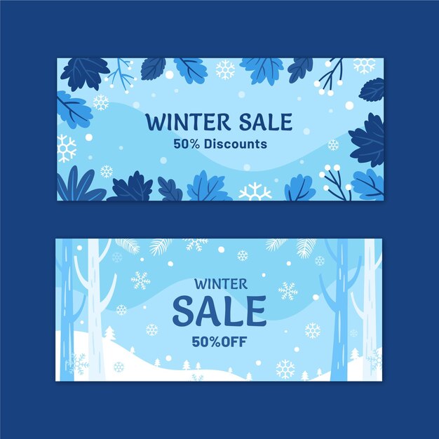 Hand drawn flat horizontal winter sale banners set