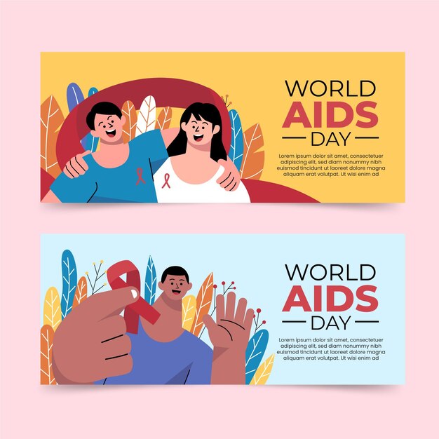 Hand drawn flat horizontal world aids day banners set