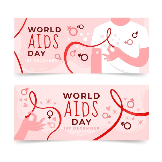 Hand drawn flat horizontal world aids day banners set