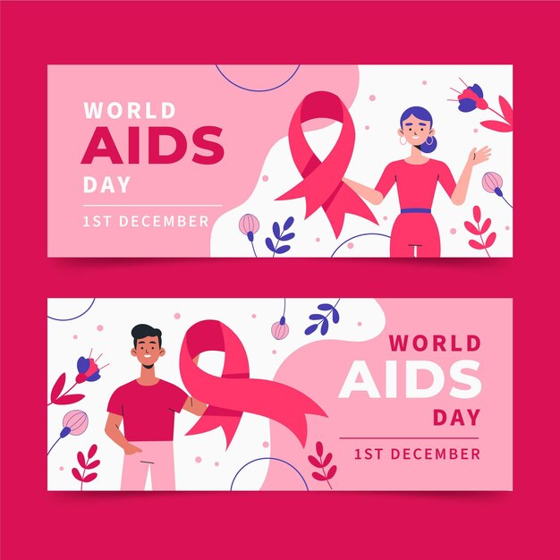 Hand drawn flat horizontal world aids day banners set