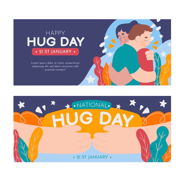 Hand drawn flat hug day horizontal banners set