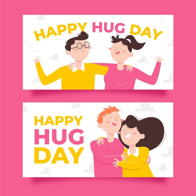 Hand drawn flat hug day horizontal banners set