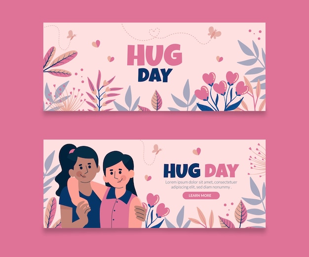 Hand drawn flat hug day horizontal banners set