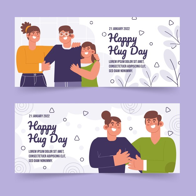 Hand drawn flat hug day horizontal banners set