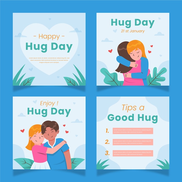 Hand drawn flat hug day instagram posts collection