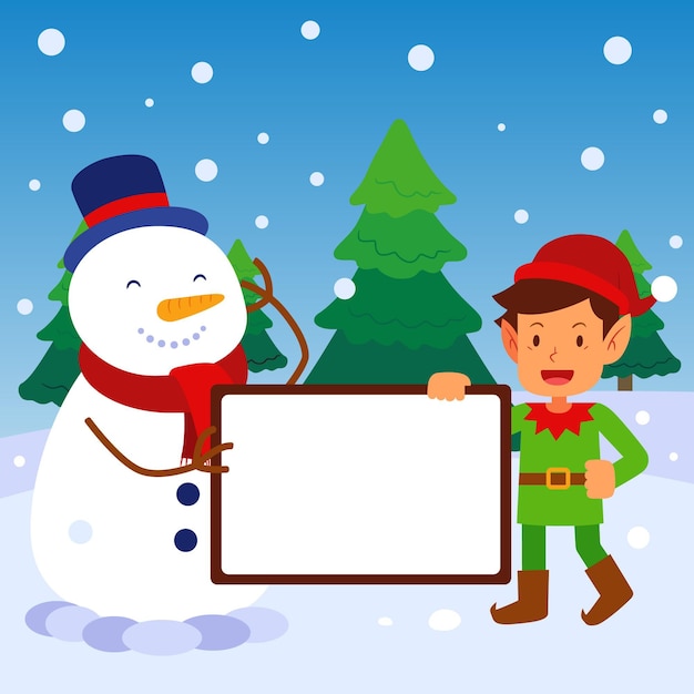 Hand drawn flat illustration of christmas character holding blank banner