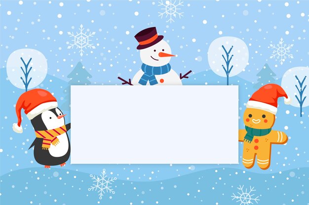 Hand drawn flat illustration of christmas characters holding blank banner