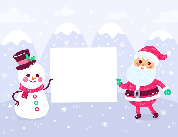 Hand drawn flat illustration of christmas characters holding blank banner