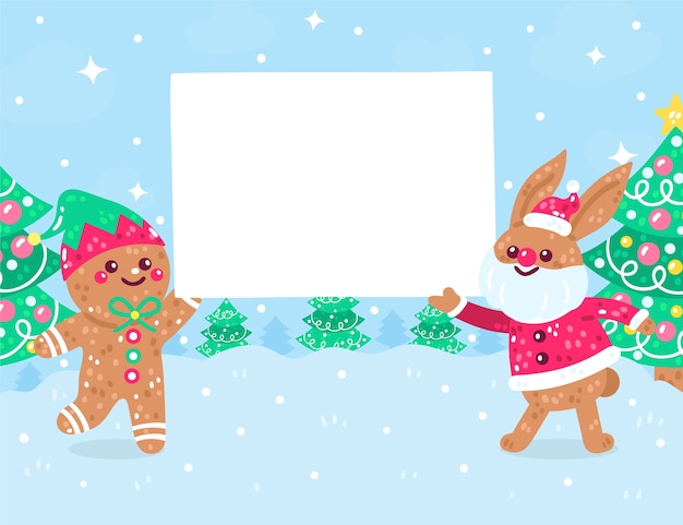 Hand drawn flat illustration of christmas characters holding blank banner