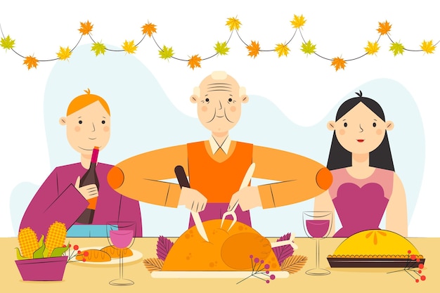 Free Vector hand drawn flat illustration of people celebrating thanksgiving together with food