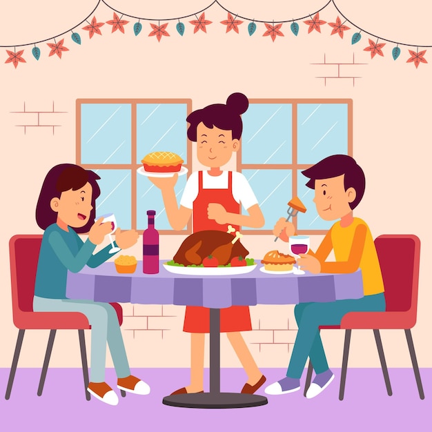 Hand drawn flat illustration of people celebrating thanksgiving together with food