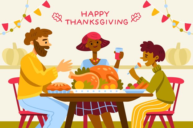 Hand drawn flat illustration of people celebrating thanksgiving together with food