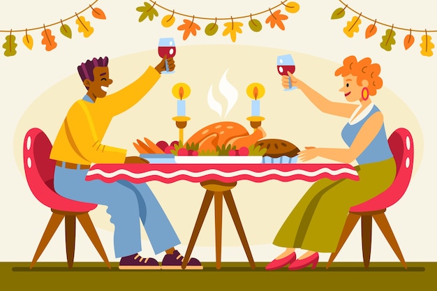 Free vector hand drawn flat illustration of people celebrating thanksgiving together with food