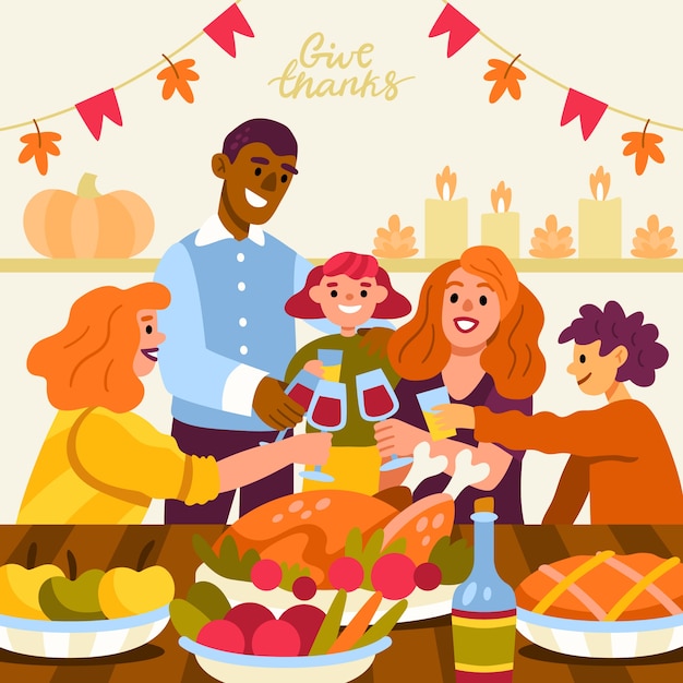 Hand drawn flat illustration of people celebrating thanksgiving together with food