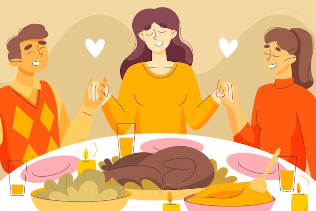 Hand drawn flat illustration of people celebrating thanksgiving