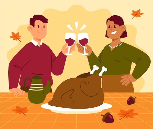 Hand drawn flat illustration of people celebrating thanksgiving