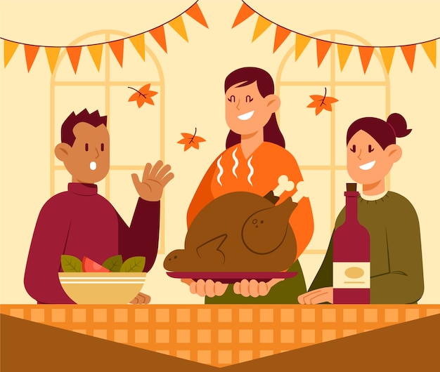 Free Vector hand drawn flat illustration of people celebrating thanksgiving