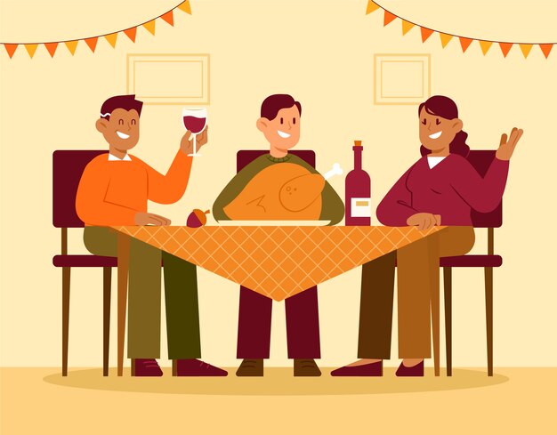 Hand drawn flat illustration of people celebrating thanksgiving