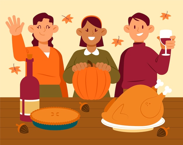 Hand drawn flat illustration of people celebrating thanksgiving